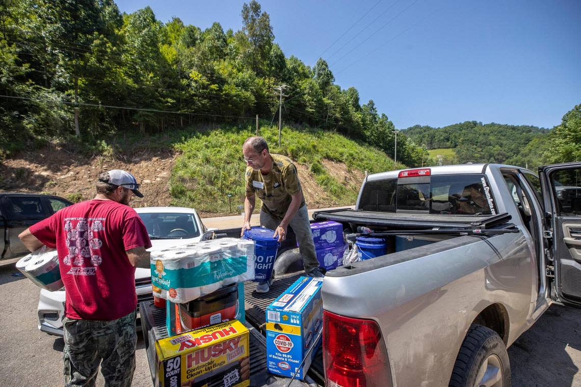 Donated items are unloaded at Lighthouse Baptist Church in Knott County, Ky., for distribution to flood victims on Wednesday, Aug. 3, 2022.