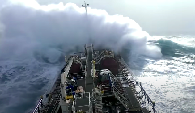 Tanker vessel navigating monster waves