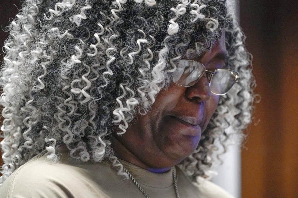 Anita Mason, mother of Robin West, reads a victim impact statement during the sentencing for Khalil Wheeler-Weaver in Newark, N.J., Wednesday, Oct. 6, 2021. Wheeler-Weaver, a New Jersey man who used dating apps to lure three women, including Robin West, to their deaths and attempted to kill a fourth woman five years ago, was sentenced to 160 years in prison on Wednesday, as he defiantly proclaimed his innocence. (AP Photo/Seth Wenig, Pool)