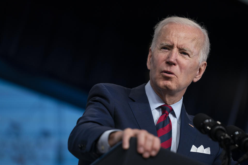 President Joe Biden speaks during an event on the American Jobs Plan in the South Court Auditorium on the White House campus, Wednesday, April 7, 2021, in Washington. (AP Photo/Evan Vucci)