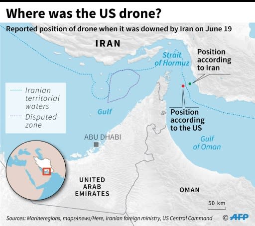 Map showing Tehran's and Washington's differing locations of a US drone when it was downed by Iran