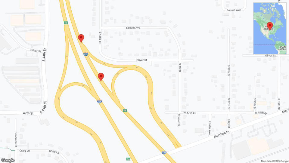 A detailed map that shows the affected road due to 'Broken down vehicle on northbound I-635 in Kansas City' on October 2nd at 5:44 p.m.