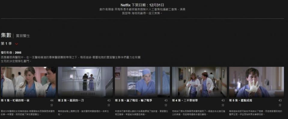 熱門美劇《實習醫生》也是12月下架的影集之一。（圖／翻攝自Netflix）