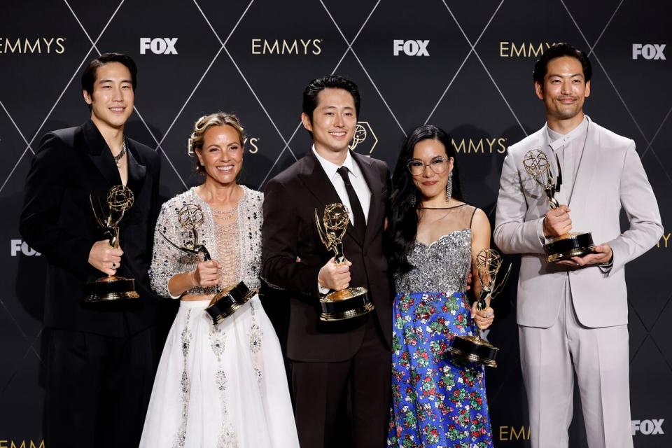 From left, the stars of Netflix series Beef Young Mazino, Maria Bello, Steven Yeun, Ali Wong, and Joseph Lee are shown holding their awards during the 75th Primetime Emmy Awards on Monday evening.