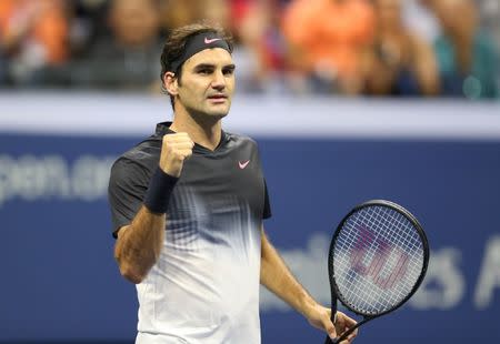 Sep 4, 2017; New York, NY, USA; Roger Federer of Switzerland celebrates after match point against Philipp Kohlschreiber of Germany on day eight of the U.S. Open tennis tournament at USTA Billie Jean King National Tennis Center. Mandatory Credit: Jerry Lai-USA TODAY Sports
