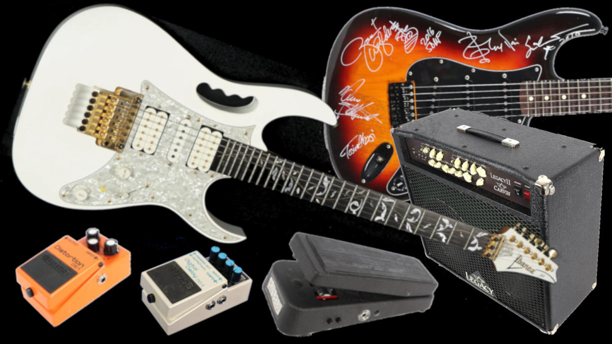  Dunlop Crybaby 95Q and Fender Stratocaster signed by Steve Vai, Tosin Abasi, Nuno Bettencourt, Yngwie Malmsteen and Zakk Wylde. 