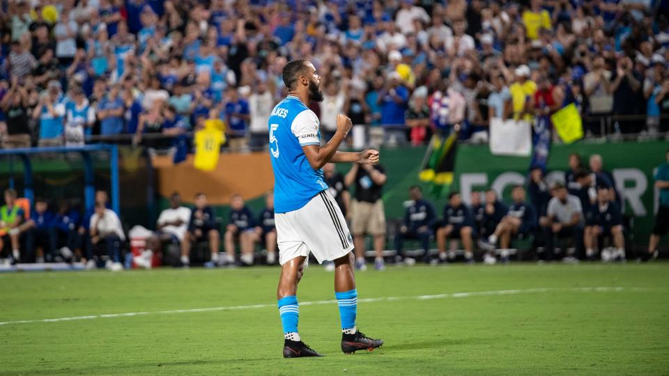 Charlotte FC defender Anton Walkes reacts to scoring on a penalty kick during the team's friendly soccer match against Chelsea, Wednesday, July 20, 2022, in Charlotte, N.C.