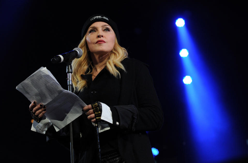 Madonna participates in Amnesty International's "Bringing Human Rights Home" Concert at the Barclays Center on Wednesday, Feb. 5, 2014 in New York. (Photo by Evan Agostini/Invision/AP)