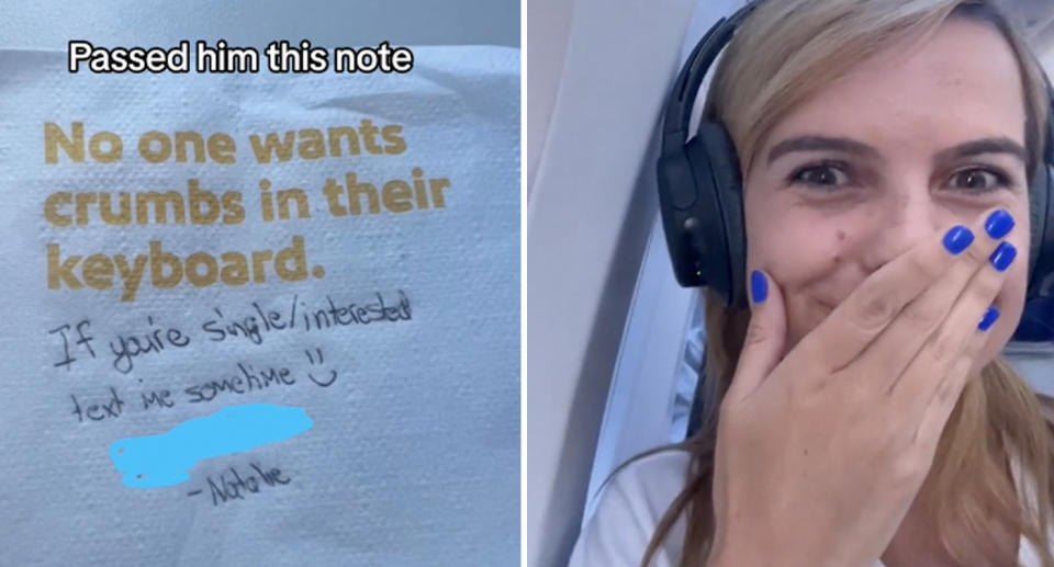 A photo of the note the US woman wrote to pass on to the guy sitting in front of her on the US flight. A photo of Natalie's reaction after the man introduced himself.
