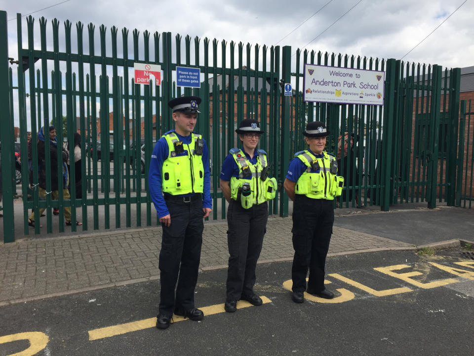 Police outside Anderton Park Primary School in Birmingham, as protests against relationship education continue.