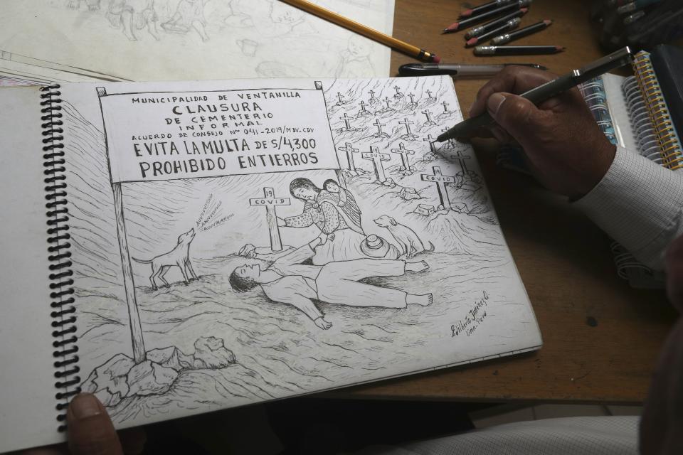 Edilberto Jimenez draws at his home in San Juan de Lurigancho, on the outskirts of Lima, Peru, Thursday, May 20, 2021. Jimenez compiled in a book his interpretation of the sufferings that Peruvians have endured during the COVID pandemic that has caused a deepening economic crisis and has killed more than 66,000 people in the Andean country. (AP Photo/Martin Mejia)