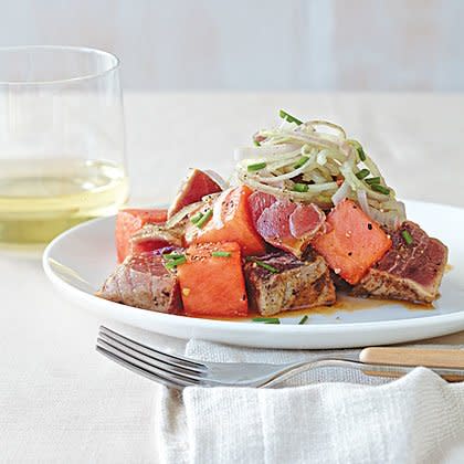 Miso-Grilled Tuna and Watermelon Salad with Wasabi Shallots