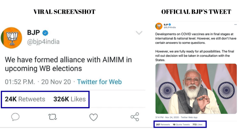 Left: Viral screenshot. Right: Tweet shared by official handle of BJP.