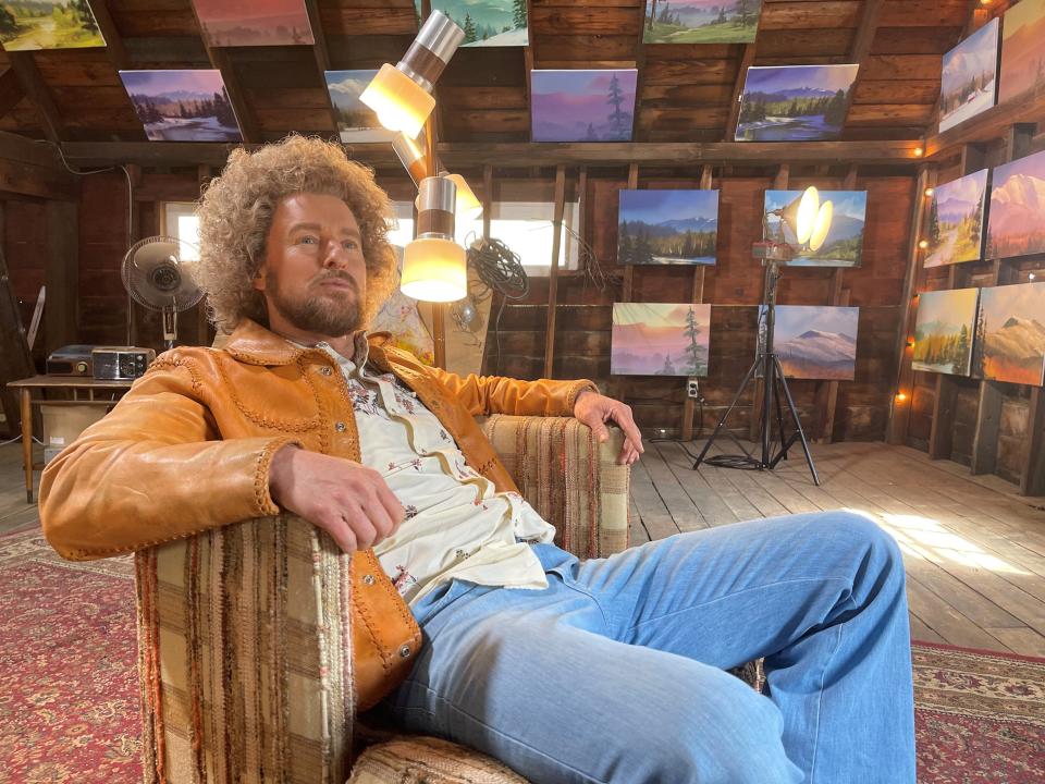 Owen Wilson relaxes on the set of "Paint," a film in which he plays a Bob Ross-like artist hosting a popular show on a Vermont public-television station.