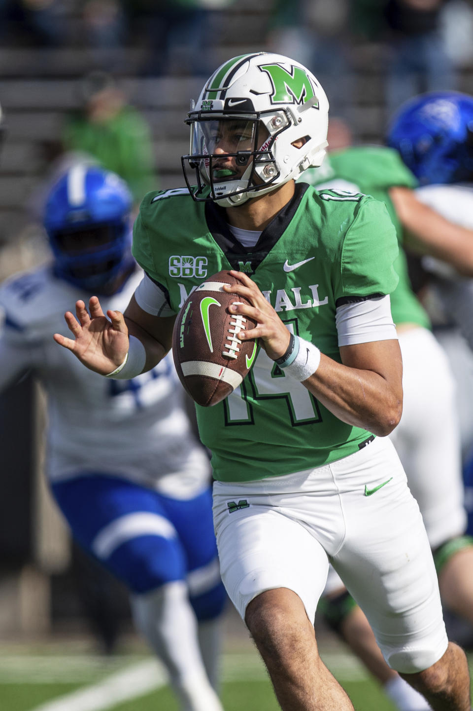 Marshall quarterback Cam Fancher (3) looks to make a pass against Georgia State during an NCAA football game on Saturday, Nov. 26, 2022, at Joan C. Edwards Stadium in Huntington W.Va./The Herald-Dispatch via AP)