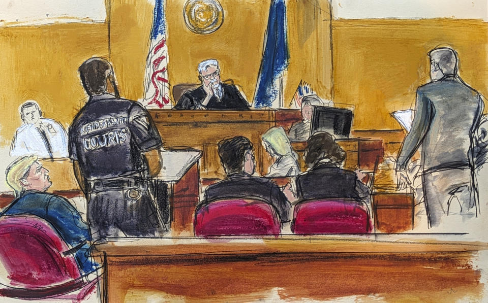 Donald Trump, far left, watches watches as jury foreperson #1 delivers guilty verdicts with judge Juan Merchan listening on the bench in Manhattan Criminal Court, Thursday, May 30, 2024, in New York. Donald Trump became the first former president to be convicted of felony crimes as a New York jury found him guilty of 34 felony counts of falsifying business records in a scheme to illegally influence the 2016 election through hush money payments to a porn actor who said the two had sex. (Elizabeth Williams via AP)