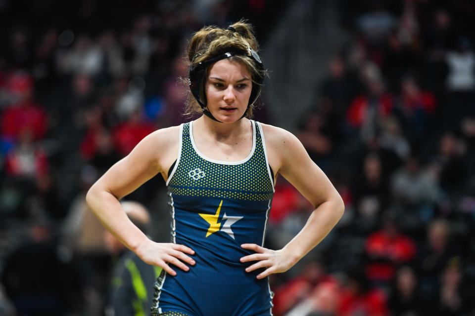 Poudre's Aubrey First competes at the Colorado state wrestling tournament at Ball Arena on Thursday, Feb. 16, 2023 in Denver, Colo. First lost by fall in the second round.