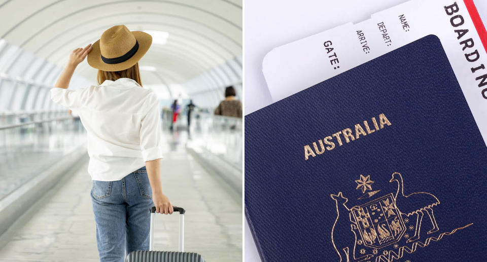 (left) stock image of a woman walking to an airport terminal (right) stock image of an Australian passport with a boarding pass inside