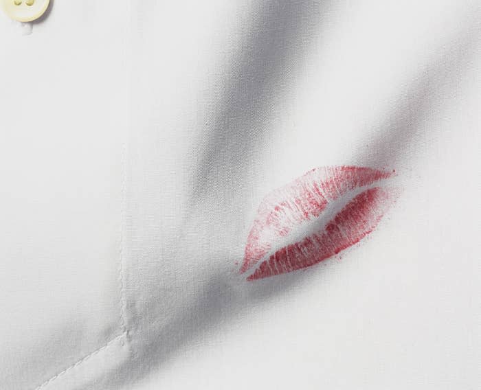 lipstick print on a plain, button-down shirt