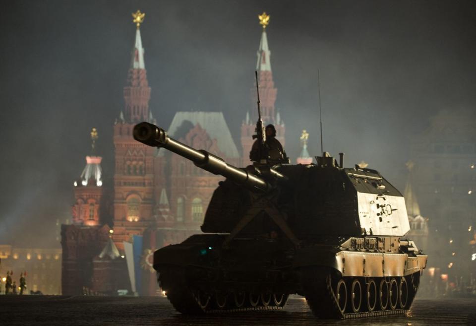 Russian soldiers in an armored vehicle parade during a Victory Day military parade rehearsal on the Red Square in Moscow on May 3, 2011. (Dmitry Kostyukov /AFP via Getty Images)