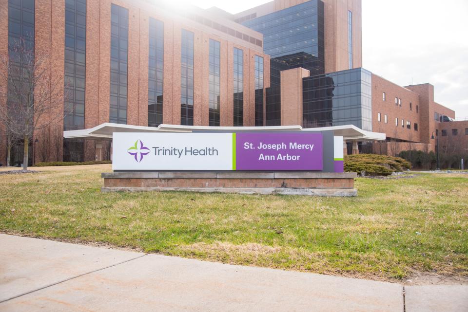 The new sign outside Trinity Health St. Joseph Mercy Ann Arbor is part of a massive rebranding effort that will rename eight Michigan hospitals.