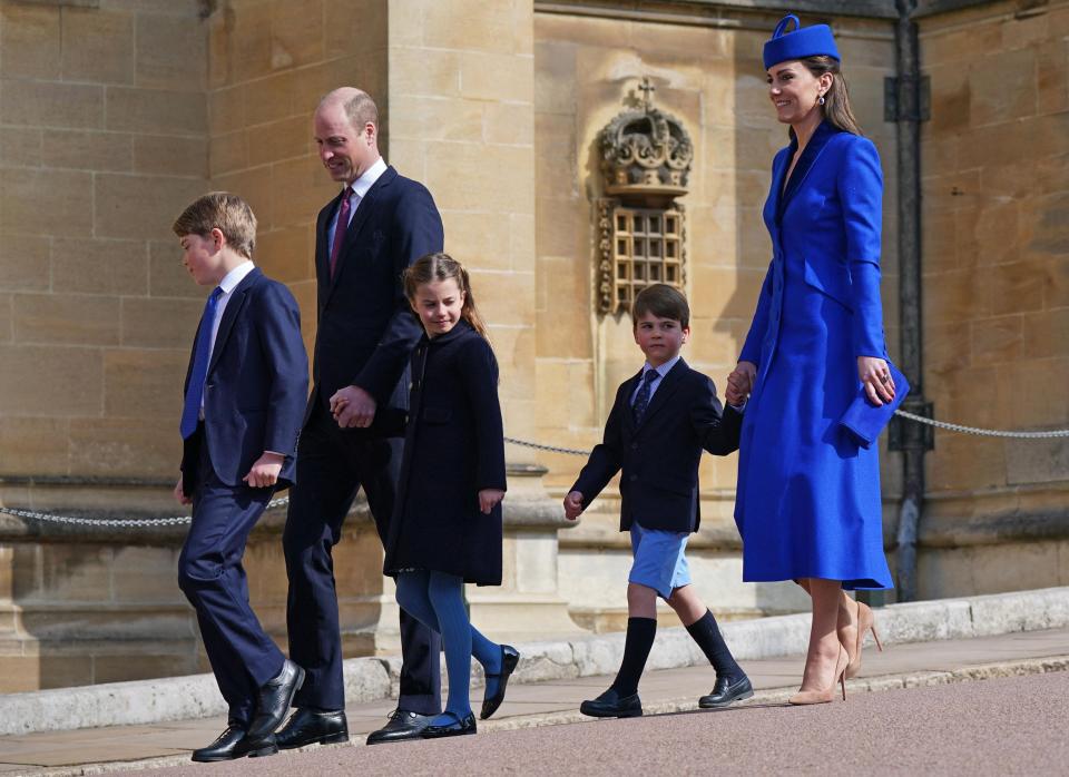 Britain's Prince William, Prince of Wales (2L), Britain's Prince George of Wales (L), Britain's Catherine, Princess of Wales (R), Britain's Princess Charlotte of Wales (C) and Britain's Prince Louis of Wales arrive for the Easter Mattins Service at St. George's Chapel, Windsor Castle on April 9, 2023.