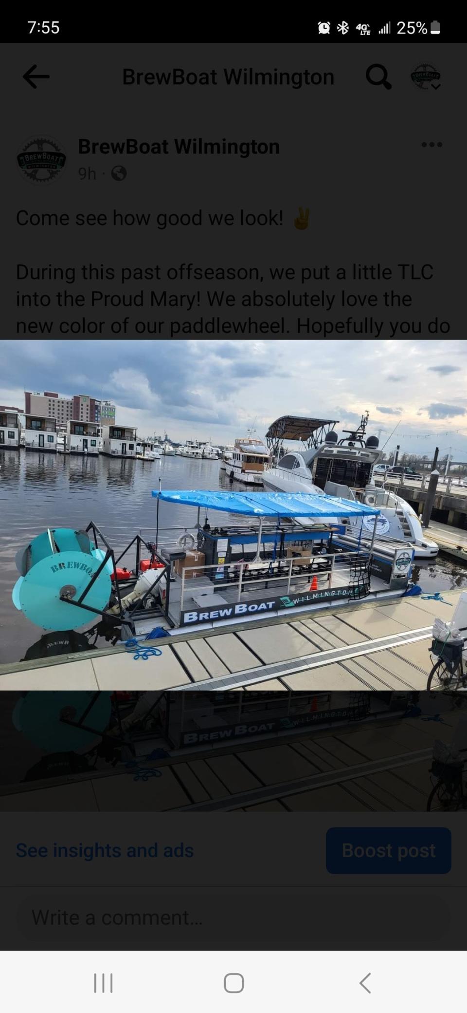 BrewBoat Wilmington is a pedal boat docked on the north end of the Wilmington Riverwalk.