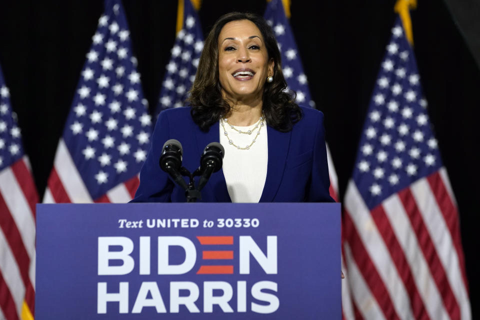 Sen. Kamala Harris, D-Calif., speaks after Democratic presidential candidate former Vice President Joe Biden introduced her as his running mate during a campaign event at Alexis Dupont High School in Wilmington, Del., Wednesday, Aug. 12, 2020. (AP Photo/Carolyn Kaster)