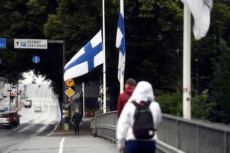 Finnish flags are flown half-mast in Turku, Finland August 19, 2017. Lehtikuva/Vesa Moilanen via REUTERS