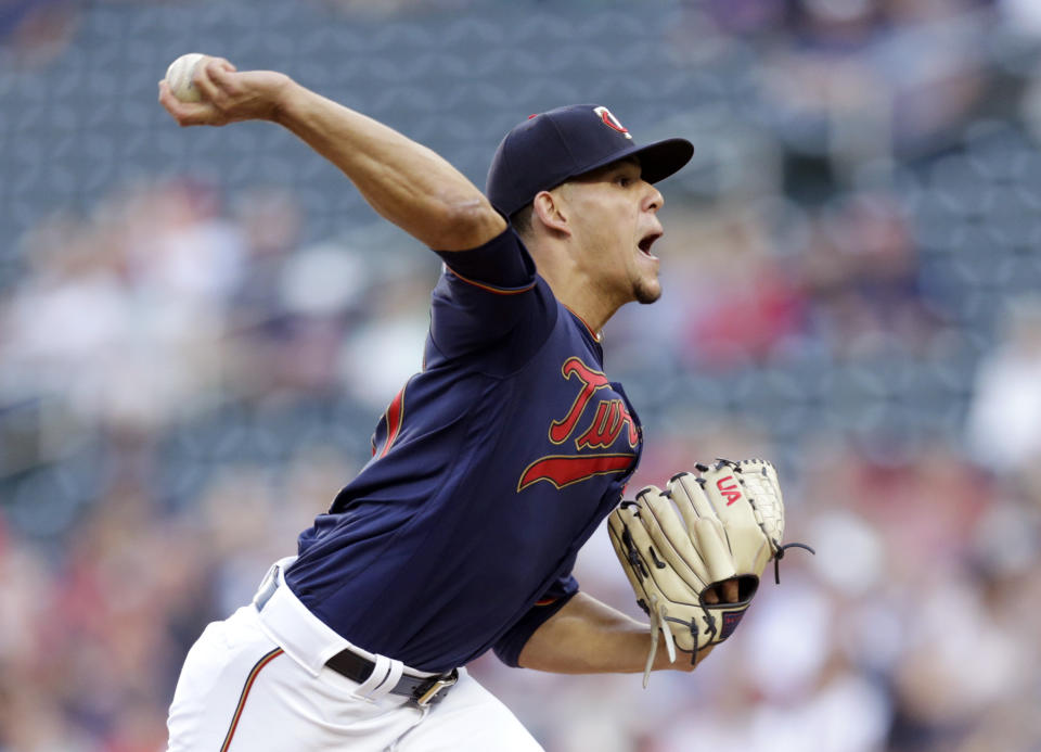 Minnesota Twins pitcher Jose Berrios throws to the Boson Red Sox in the first inning of a baseball game Monday, June 17, 2019 in Minneapolis. (AP Photo/Andy Clayton- King)