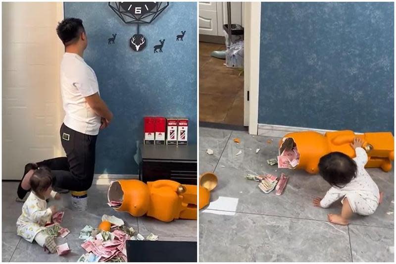 中國一名父親藏在公仔理的私房錢因為女兒闖禍被發現，只能乖乖罰跪給老婆賠罪。（翻攝自微博）