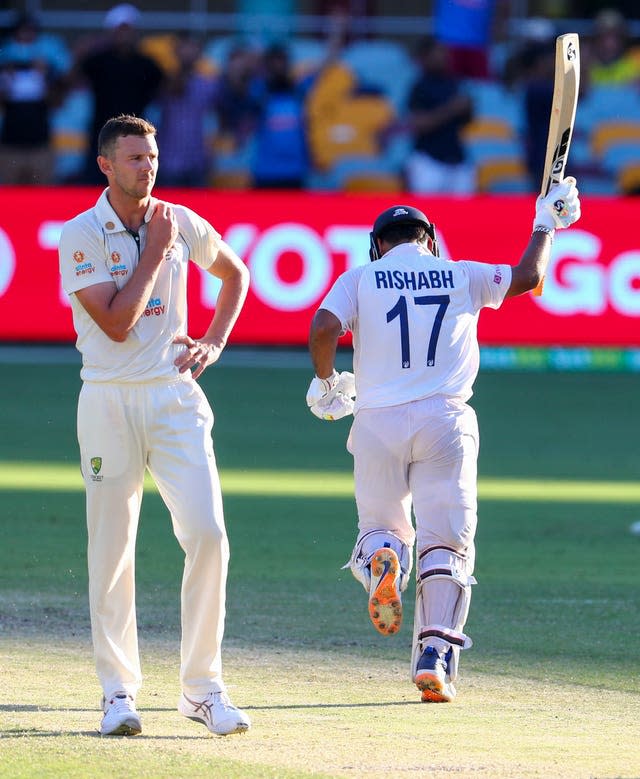 India's Rishabh Pant celebrates after hitting the winning runs off Australia fast bowler Josh Hazlewood 