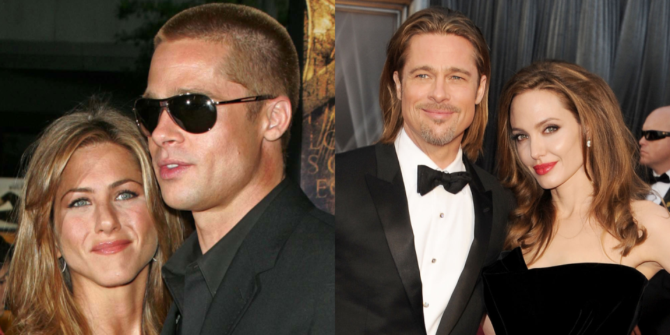 <p>Brad Pitt and Jennifer Aniston were Hollywood’s hottest couple when they started dating back in 1998. After two years, they got married in a $1 million celebration in Malibu, <a href="http://www.nydailynews.com/entertainment/marriage-brad-pitt-jennifer-aniston-gallery-1.2306925?pmSlide=1.2306913" rel="nofollow noopener" target="_blank" data-ylk="slk:according to the New York Daily News;elm:context_link;itc:0;sec:content-canvas" class="link ">according to the <em>New York Daily News</em></a>. They seemed to be going strong until around 2005, when the couple <a href="http://people.com/celebrity/jennifer-aniston-and-brad-pitt-separate/" rel="nofollow noopener" target="_blank" data-ylk="slk:announced to People;elm:context_link;itc:0;sec:content-canvas" class="link ">announced to <em>People</em></a> that they were getting divorced. During that time, Pitt was working with Angelina Jolie on <em><a href="https://www.amazon.com/Mr-Mrs-Smith-Angelina-Jolie/dp/B001GJ9G90/?tag=syn-yahoo-20&ascsubtag=%5Bartid%7C10051.g.36886508%5Bsrc%7Cyahoo-us" rel="nofollow noopener" target="_blank" data-ylk="slk:Mr. and Mrs. Smith;elm:context_link;itc:0;sec:content-canvas" class="link ">Mr. and Mrs. Smith</a>,</em> and they soon <a href="http://www.mtv.com/news/1683124/angelina-jolie-brad-pitt-engaged-timeline/" rel="nofollow noopener" target="_blank" data-ylk="slk:started dating;elm:context_link;itc:0;sec:content-canvas" class="link ">started dating</a> after the divorce announcement. Pitt and Jolie later become the new It couple and got married in 2014, but since then, <a href="https://www.elle.com/culture/celebrities/news/a39393/angelina-jolie-and-brad-pitt-divorce/" rel="nofollow noopener" target="_blank" data-ylk="slk:Jolie filed for divorce;elm:context_link;itc:0;sec:content-canvas" class="link ">Jolie filed for divorce</a>.</p>