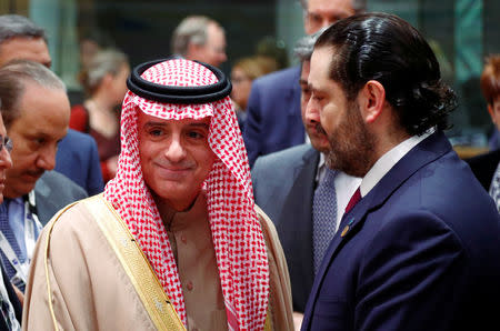 Saudi Arabia's Minister of State for Foreign Affairs Adel al-Jubeir and Lebanese Prime Minister Saad Al-Hariri attend an international peace and donor conference for Syria, at the European Union Council in Brussels, Belgium March 14, 2019. REUTERS/Francois Lenoir