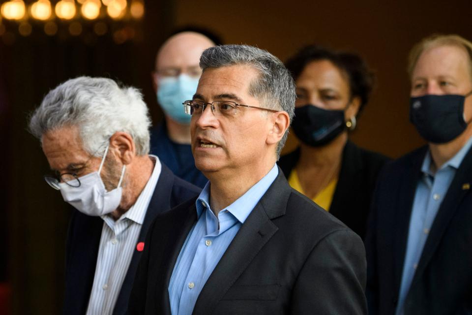 Xavier Becerra, Secretary of the US Department of Health and Human Services, speaks following a tour of an emergency intake site to care for the arrival of unaccompanied migrant children at the Long Beach Convention center on May 13, 2021 in Long Beach, California. (Patrick T. Fallon/AFP via Getty Images)