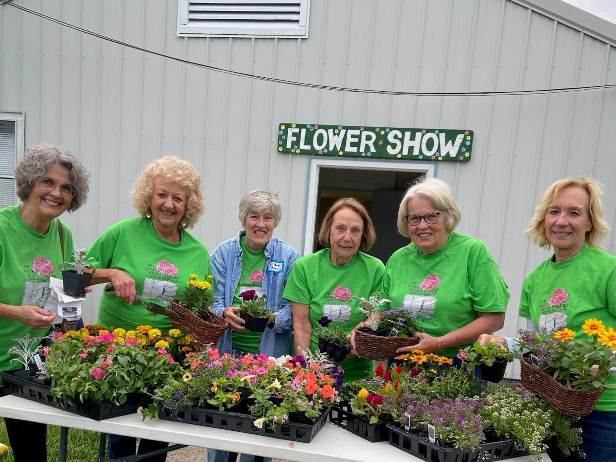 Some members of the committee, Susan Maynard, left) Marilyn Strang, Cheryl Corney, Dianna Zaebst, Deb Pigman and Becky Hieber, for Earth, Wind and Flowers Garden Club sale, begin potting up annuals that will be available 9 a.m.-noon Saturday.