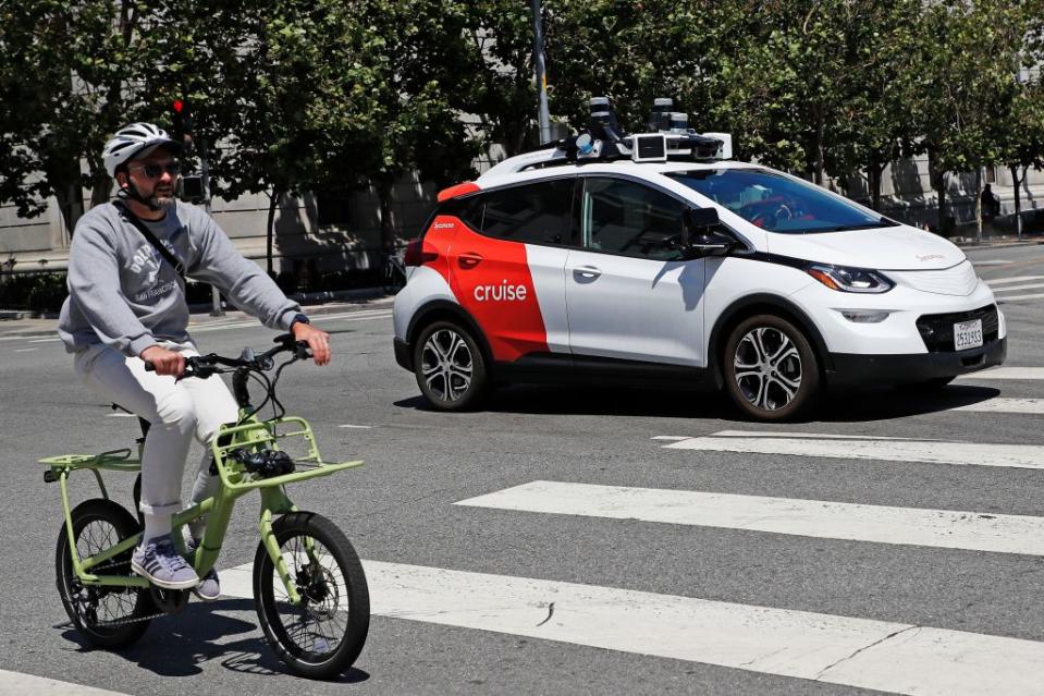 A driverless car operated by Cruise, which is owned by General Motors, is seen above in San Francisco last summer. JOHN G MABANGLO/EPA-EFE/Shutterstock