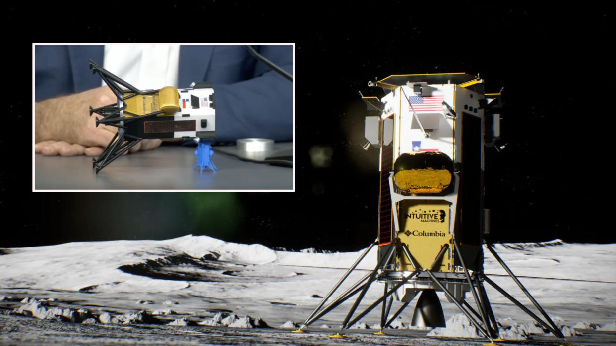  Artist's illustration of a gold and silver lander on the moon standing upright; an inset shows a small model of the same spacecraft lying on its side on a table. 