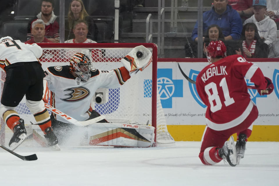 Anaheim Ducks goaltender John Gibson (36) stops a Detroit Red Wings left wing Dominik Kubalik (81) shot in the first period of an NHL hockey game Sunday, Oct. 23, 2022, in Detroit. (AP Photo/Paul Sancya)