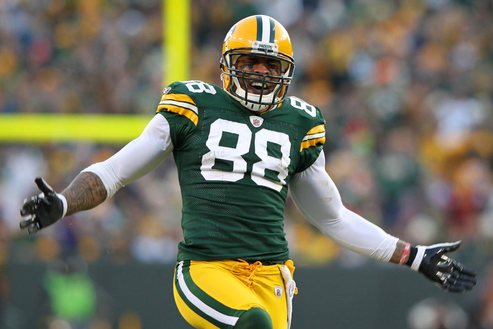 GREEN BAY, WI - JANUARY 15: Jermichael Finley #88 of the Green Bay Packers reacts after a play against the New York Giants during their NFC Divisional playoff game at Lambeau Field on January 15, 2012 in Green Bay, Wisconsin. (Photo by Jamie Squire/Getty Images)