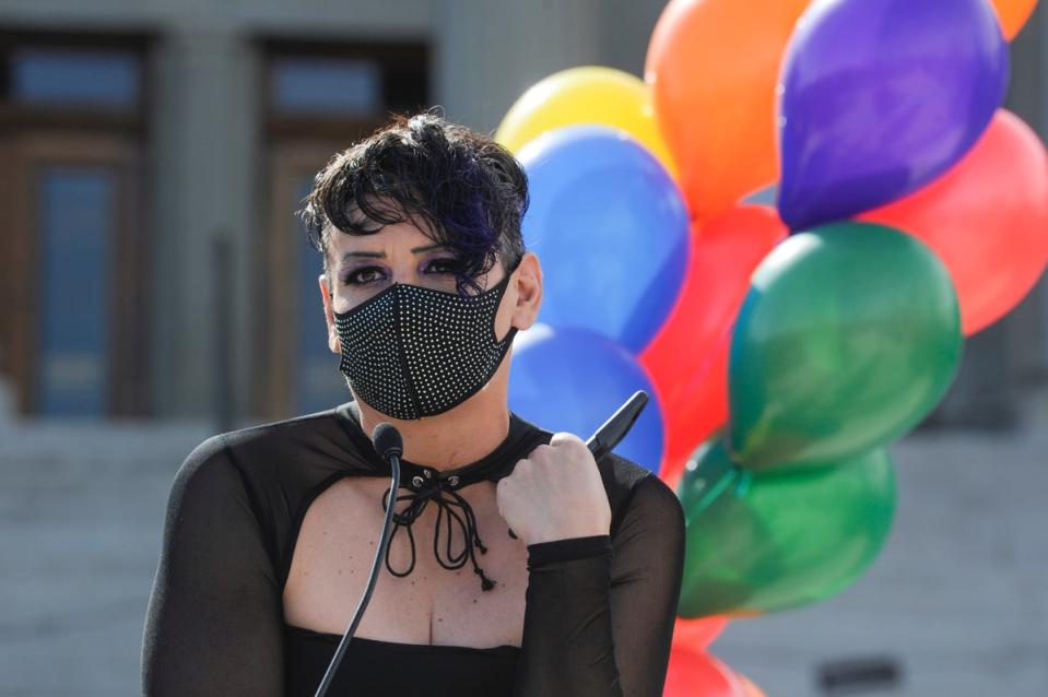 Adria Jawort is pictured rallying outside the Montana state capitol on Helena in 2021. (Thom Bridge/Independent Record)