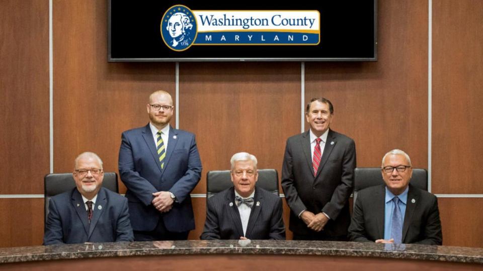 The 2022-26 Washington County Board of Commissioners. From left, Commissioners Vice President Jeff Cline, Wayne Keefer, Commissioners President John Barr, Derek Harvey and Randall Wagner.