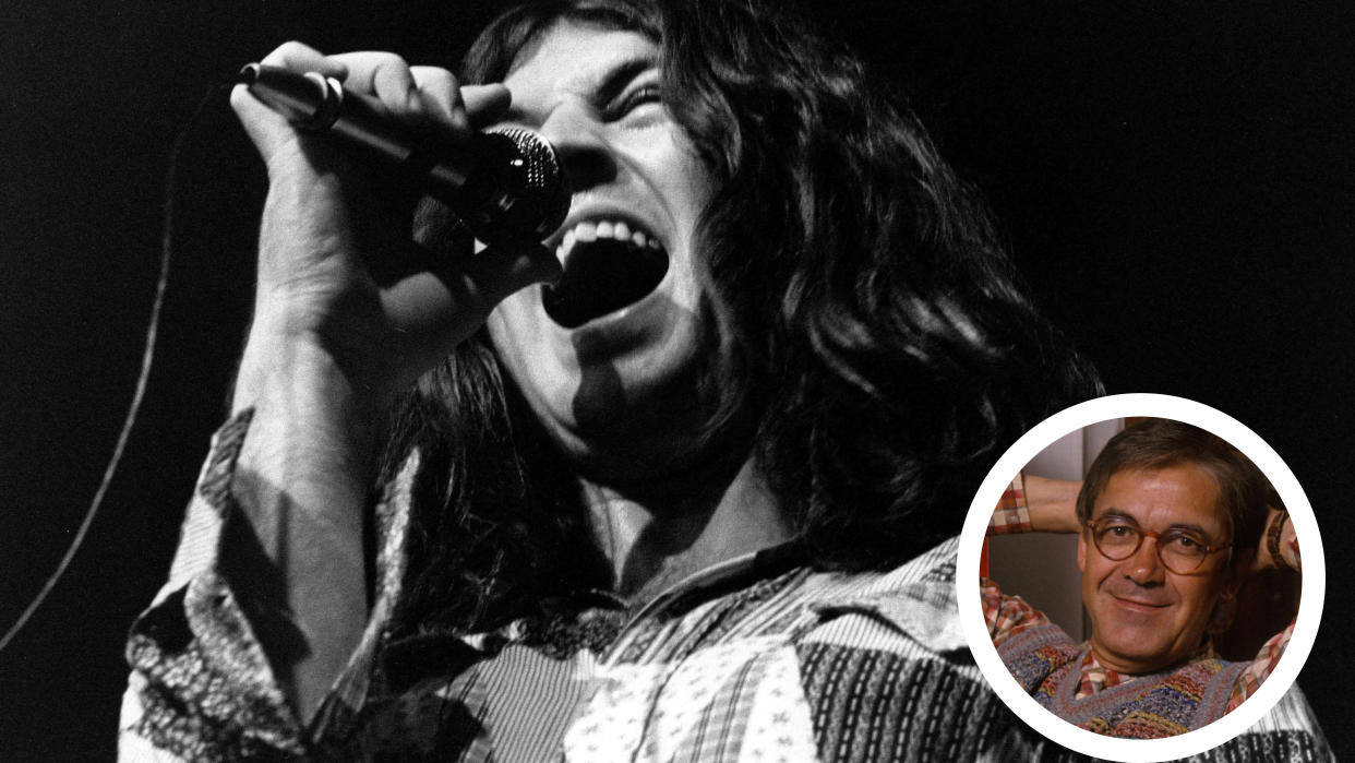  Deep Purple’s Ian Gillan singing onstage in 1971 with an inset of promoter Claude Nobs. 