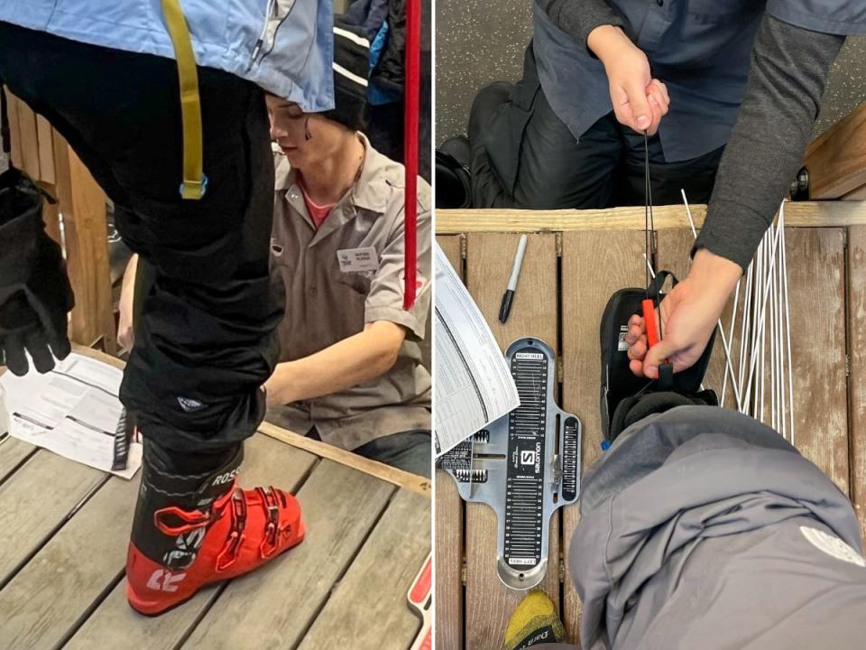 The author gets fitted for ski boots and snowboard boots.