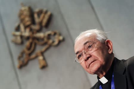 Father Jesus Delgado, former secretary to the slain Salvadoran Archbishop Oscar Romero, attends during a news conference on Romero's beatification at the Vatican February 4, 2015. REUTERS/Alessandro Bianchi