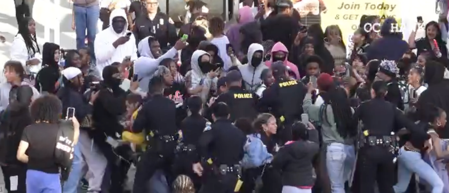Long Beach Police intervened after a fight broke out among two juveniles at The Pike Outlets in Long Beach on March 16, 2024. (OC Hawk)