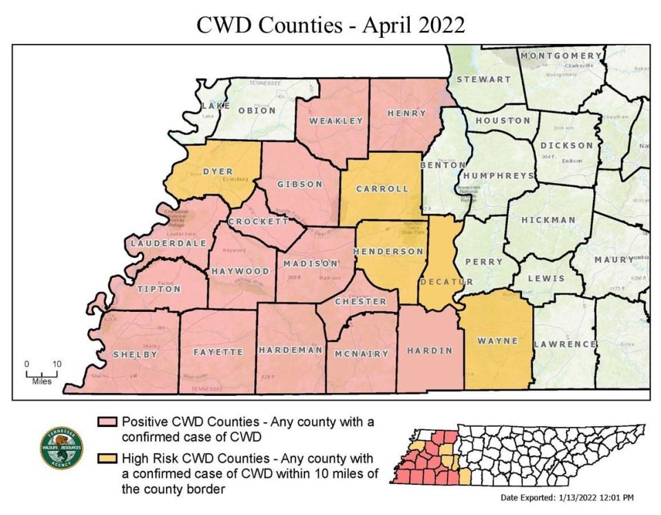 Restictions are currently in place within Carroll, Chester, Crockett, Dyer, Fayette, Gibson, Hardeman, Hardin, Haywood, Henderson, Henry, Lauderdale, Madison, McNairy, Shelby, Tipton, Wayne, and Weakley ocounties following exposute to chronic wasting disease.