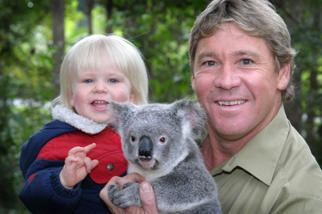 SUNSHINE COAST, AUSTRALIA - JUNE 25, 2005:  (EUROPE AND AUSTRALASIA OUT) 'Crocodile Hunter' Steve Irwin with his son, Bob Irwin, and a Koala at Australia Zoo. (Photo by Newspix/Getty Images)