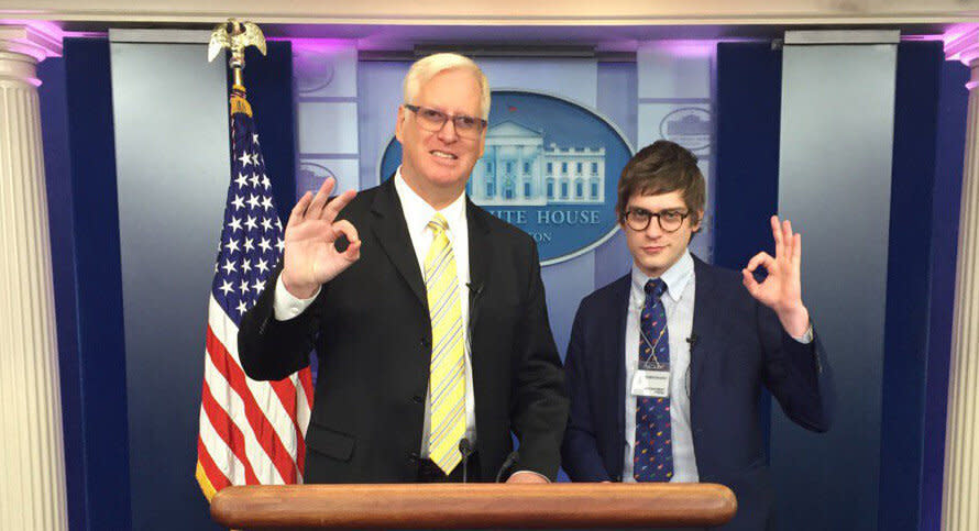 Gateway Pundit founder Jim Hoft and his White House correspondent Lucian Wintrich display the "OK" white power hand gesture in the White House press room. (Photo: Jim Hoft/Twitter)