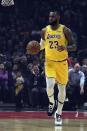 Jan 31, 2019; Los Angeles, CA, USA; Los Angeles Lakers forward LeBron James (23) moves down the court in the first half against the LA Clippers at Staples Center. Mandatory Credit: Richard Mackson-USA TODAY Sports